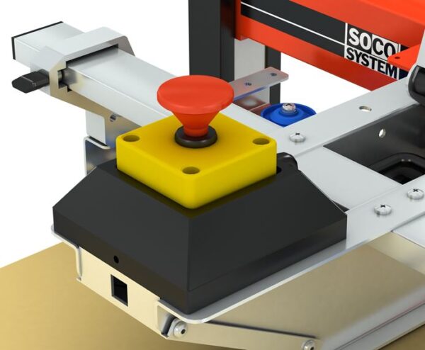 Side pressure guides and centrally placed emergency stop.