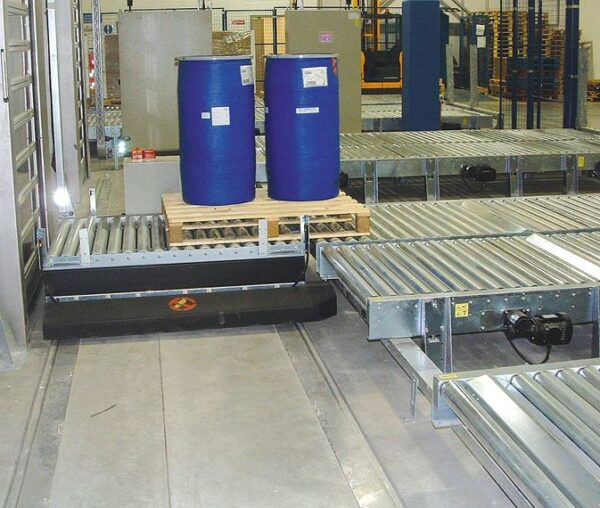 Transfer trolley installed in a pallet roller conveyor system supplied to Organon, Ireland.