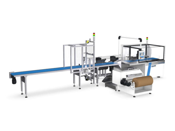 The E-Commerce machine model for paper packaging with overlap on top adapts the shipping bag size automatically to the product's length.