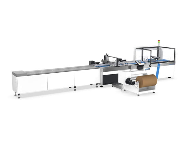 The flexible machine for packaging goods in paper and film, featuring overlap on top with hot melt for paper packaging and overlap sealing on top for film packaging.